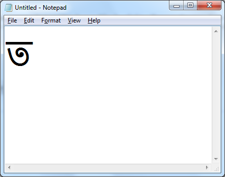 Screenshot of a Notepad window in which a unicode character has been "typed" by my unicodeinput example program